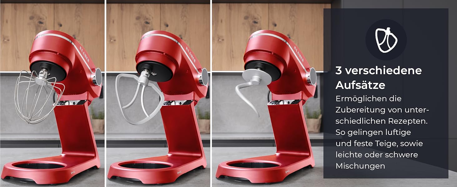 Кухонний комбайн-міксер KLAMER 1800W, планетарний міксер для тіста з чашею з нержавіючої сталі 6л, червоний