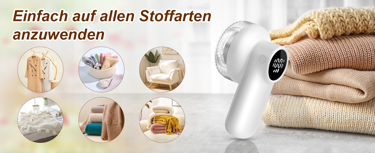 Електричний видалення ворсу ELZO - портативний, бездротовий, з LED-дисплеєм, 3 швидкості, 2 змінні насадки, для одягу, ковдр, білий