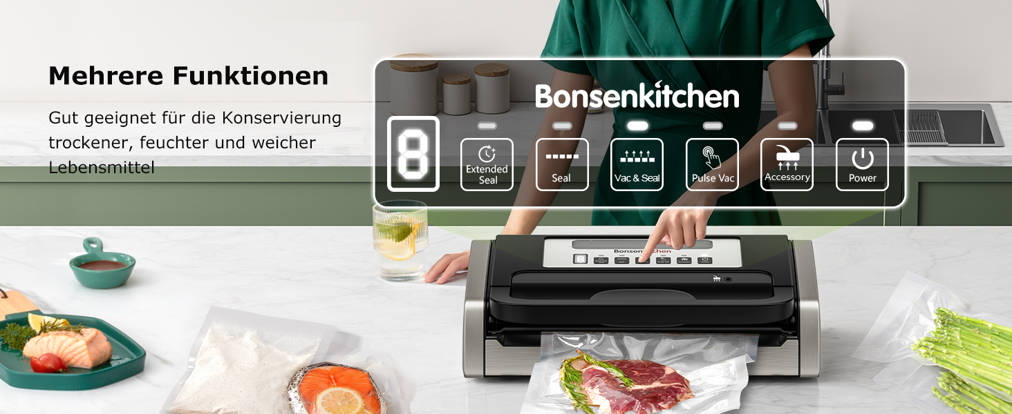 Вакуумний пакувальник Bonsenkitchen 15л/хв, з ручкою та вбудованим ножем, комплект з 2 рулонами, сертифікат екологічності