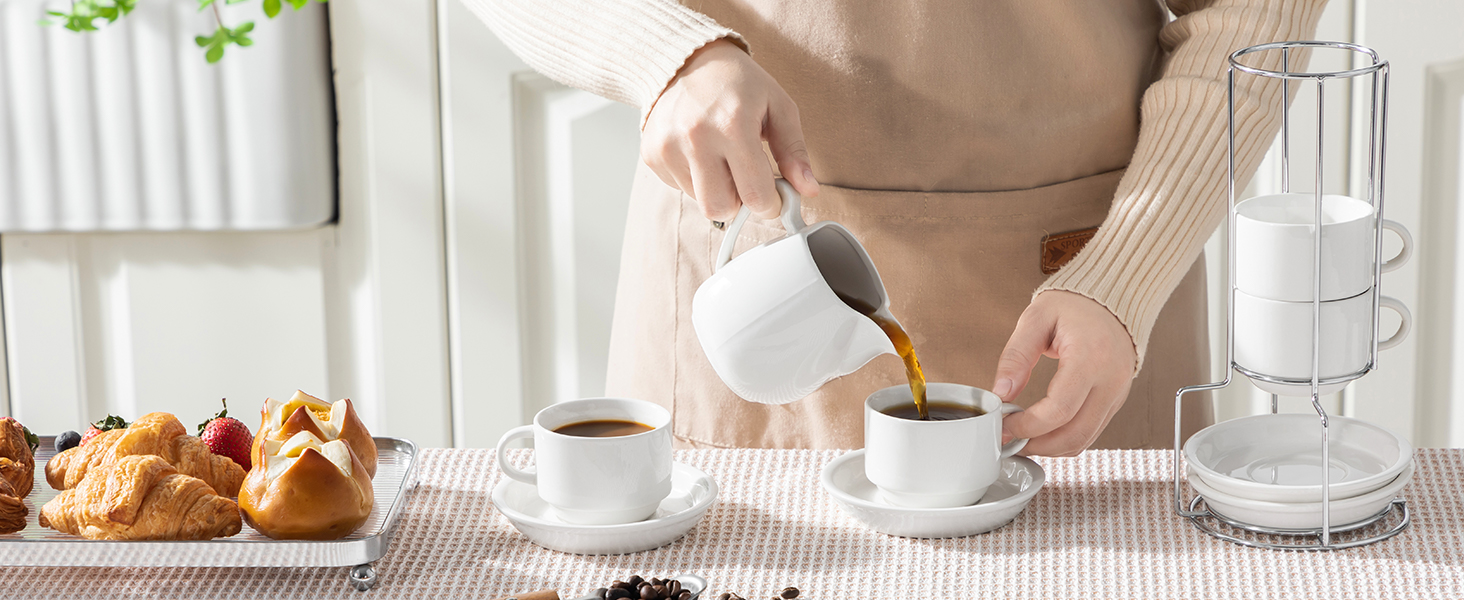 Набір еспресо-чашок MALACASA 4 шт., 75 мл з підставками та стійкою, біле порцелянове виробництво Італії, 120 мл, сумісні з посудомийною машиною