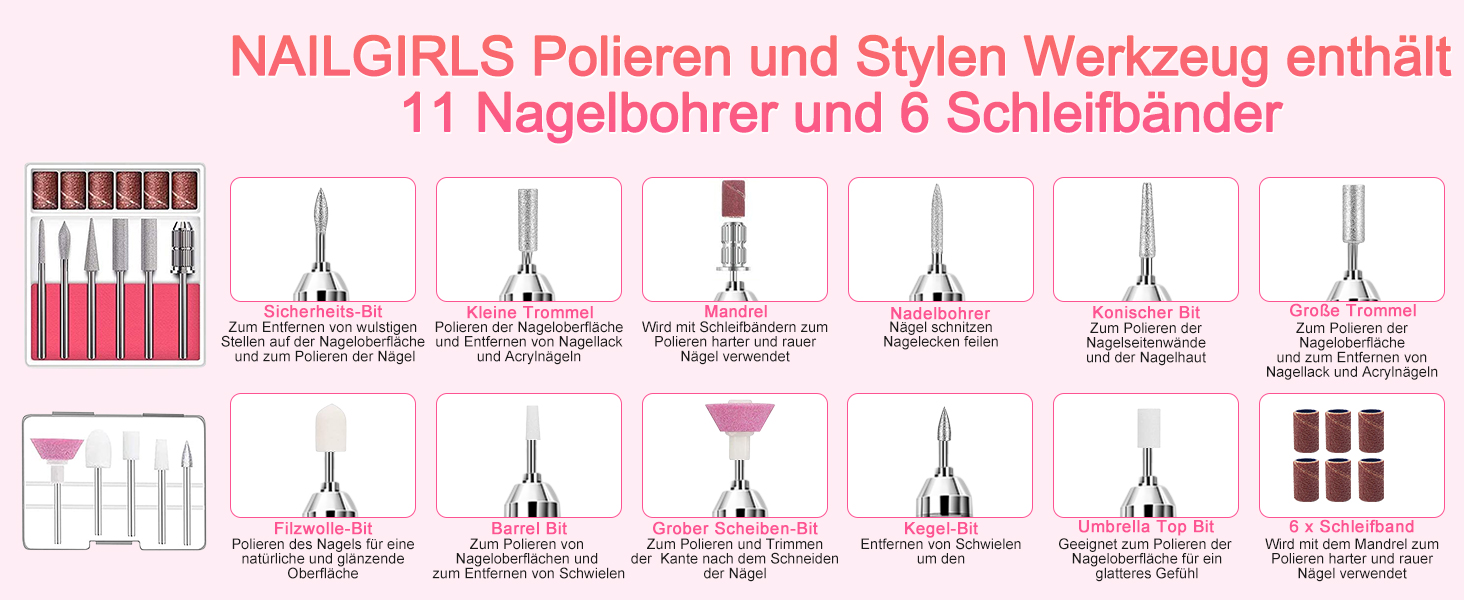 Електричний фрезер для нігтів Nailgirls 11 в 1 з педаллю, 35000 об/хв, для гель-лаку, манікюру та педикюру (Рожевий)