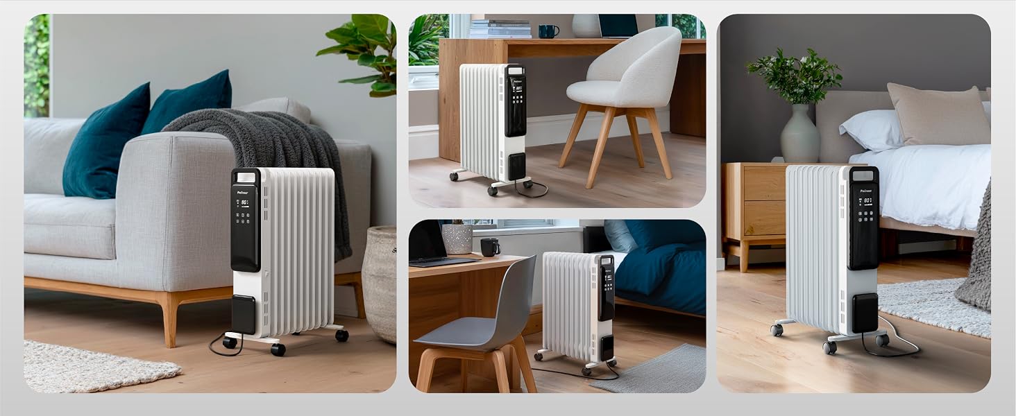 Розумний електричний масляний радіатор Pro Breeze 2500W, 11 секцій, з керуванням через Wi-Fi/App, термостатом, таймером на 24г та сенсорним дисплеєм, білий