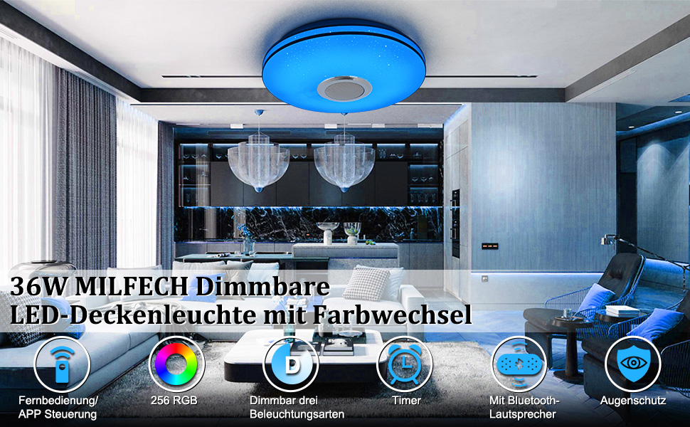Світлодіодний стельовий світильник 36Вт з Bluetooth-колонкою, димером, RGB підсвічуванням, керуванням з пульта та додатка, музичний для спальні, дитячої, вітальні