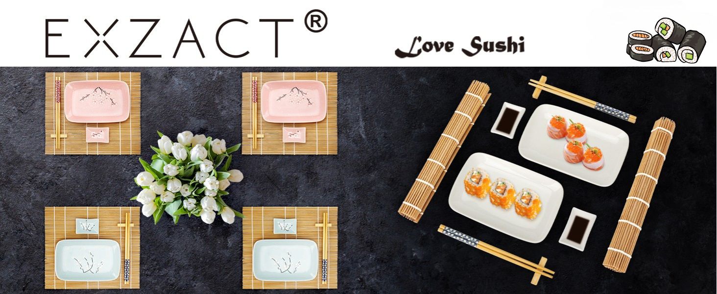 Набір для суші Exzact (10 шт.) – 2 тарілки, 2 миски для соусу, 2 підставки під столові прилади, 2 пари паличок для їжі – високоякісний фарфор, у подарунковій коробці – блакитний колір
