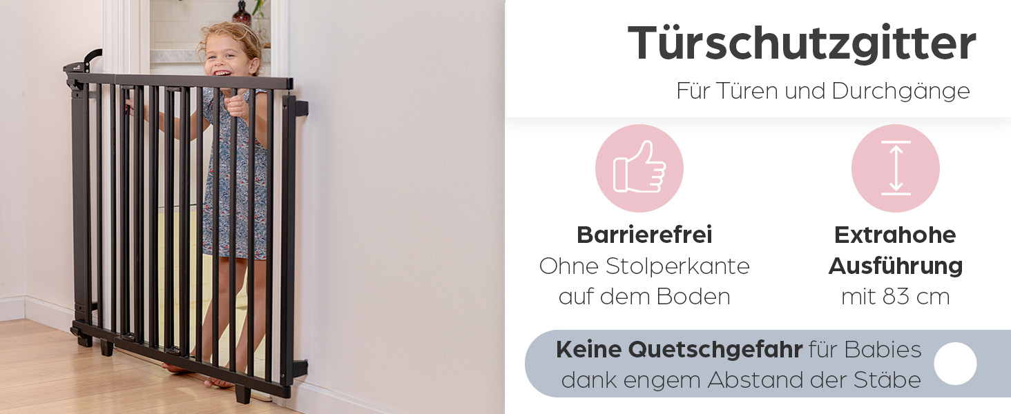 Захист для сходів Geuther Oris | Дверний захист для сходів з кріпленням, 2 клямки для поручнів, ширина, стабільне дерев'яне дитяче ворота, натуральний лак (чорний, 95-135 см)