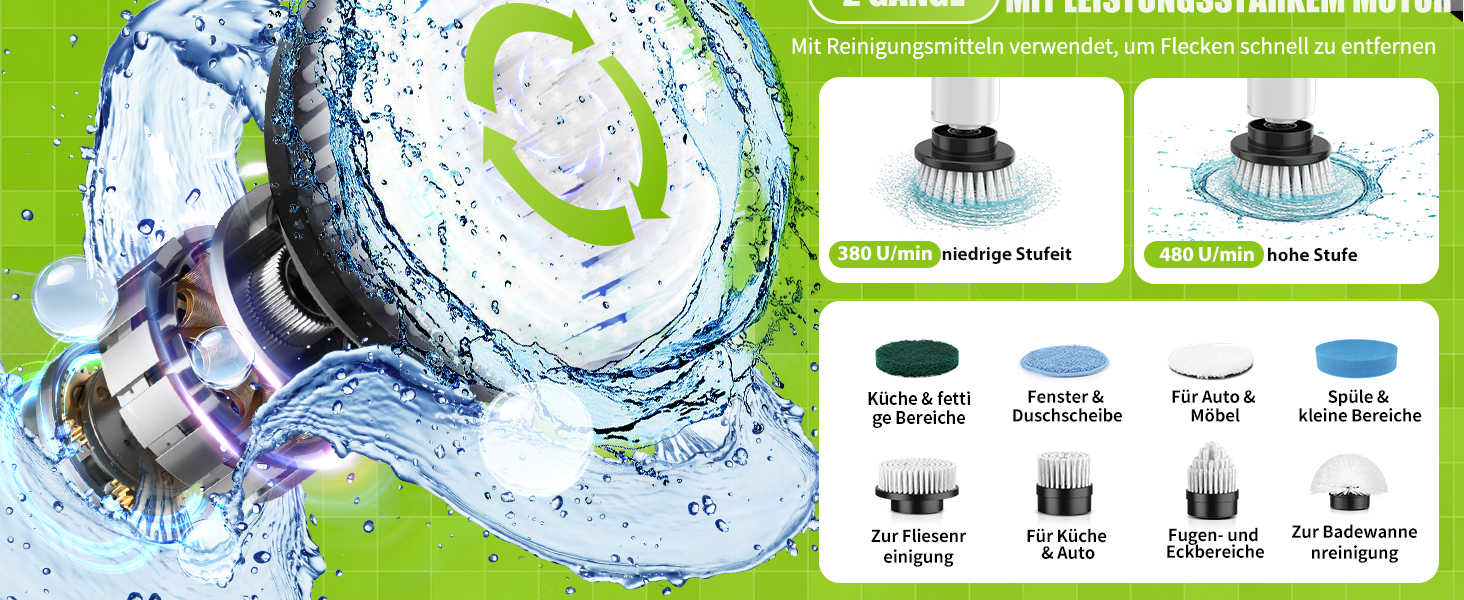 Електрична щітка для прибирання YKYI з 8 насадок, водонепроникна IPX7, для ванної, підлоги, кухні (біла)