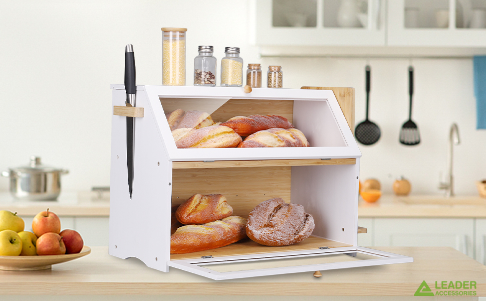 Leader Accessories Бамбуковий хлібний ящик з 2 ярусами, з дощечкою для нарізання, харчовий, легкий у догляді, 50x25x37 см, білий