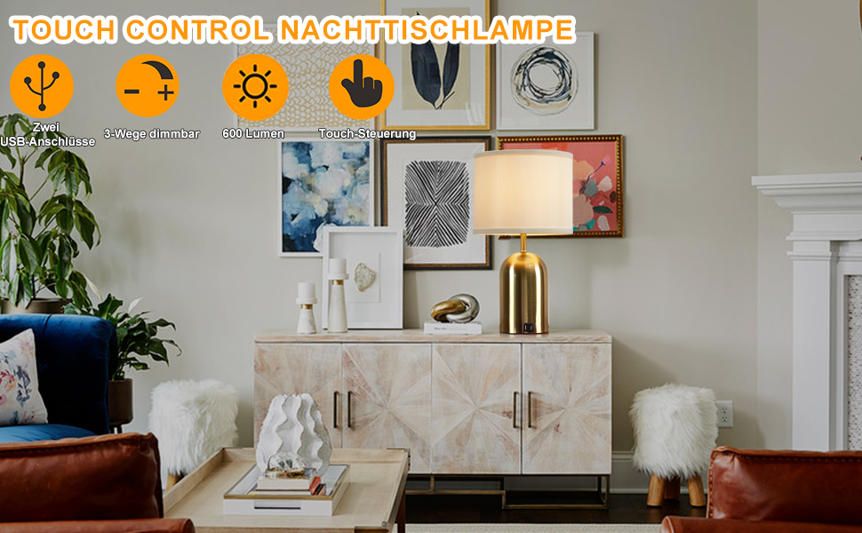Настільна лампа GyroVu з USB-портом, сенсорним керуванням, 3 рівнями регулювання яскравості, тканинним абажуром та золотим підставою для спальні, вітальні та домашнього офісу