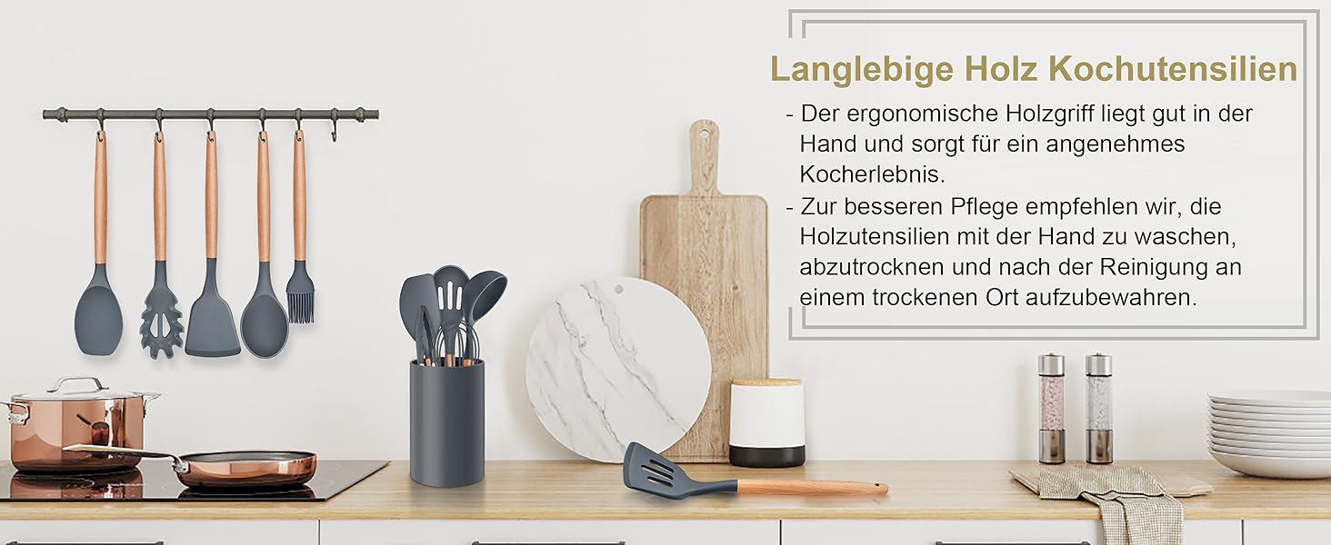 Набір кухонного приладдя Herogo, 12 шт. Силіконові кухонні помічники, кухонне кухонне приладдя з тримачем, стійке до високих температур, з дерев'яною ручкою, антипригарний лопатка – сірий