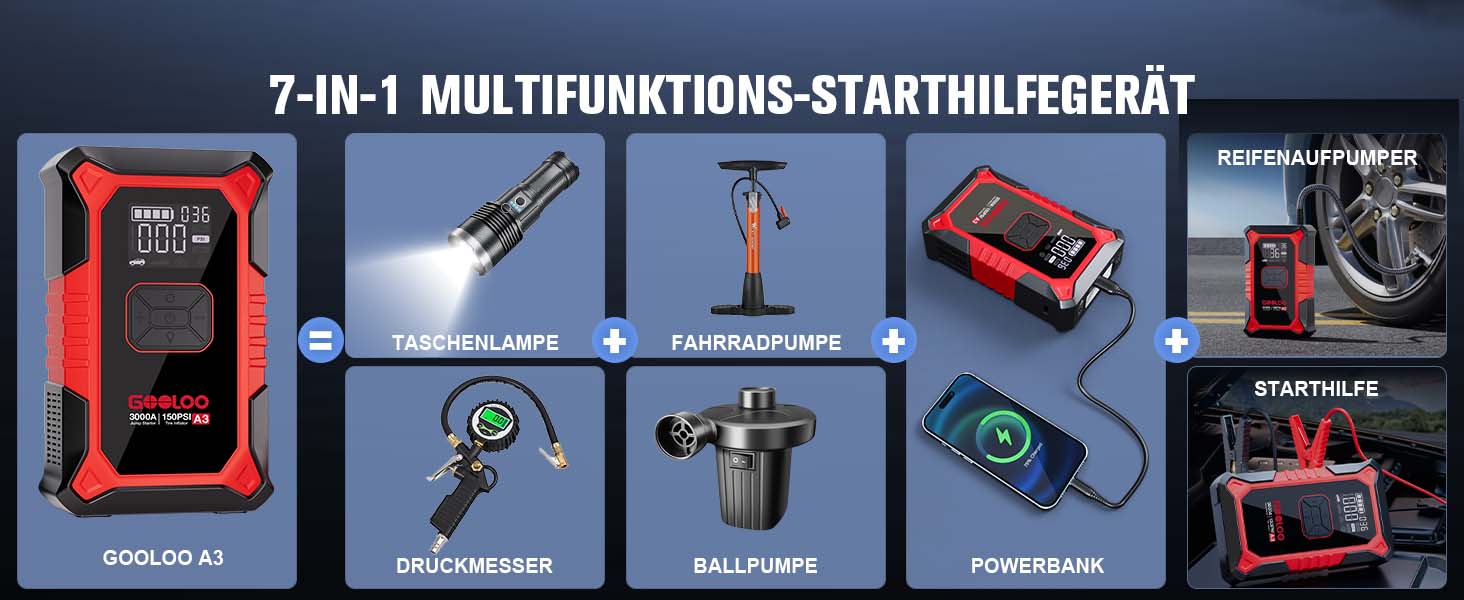 Powerbank з компресором GOOLOO A3 для автомобіля 12V (до 9.0L бензин/6.5L дизель), 3000A, 150PSI, LED дисплей