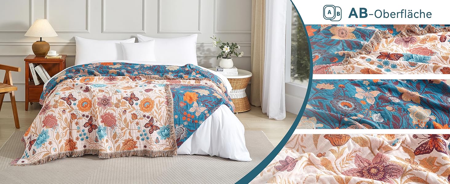 Богемна ковдра Boho з 100% бавовни, м'яка двостороння муслінова ковдра 150x200 см, плед для дивану та ліжка, декоративна patchwork ковдра, літня ковдра для вітальні, зелено-бежева (200 x 230 см, Blumentanz)