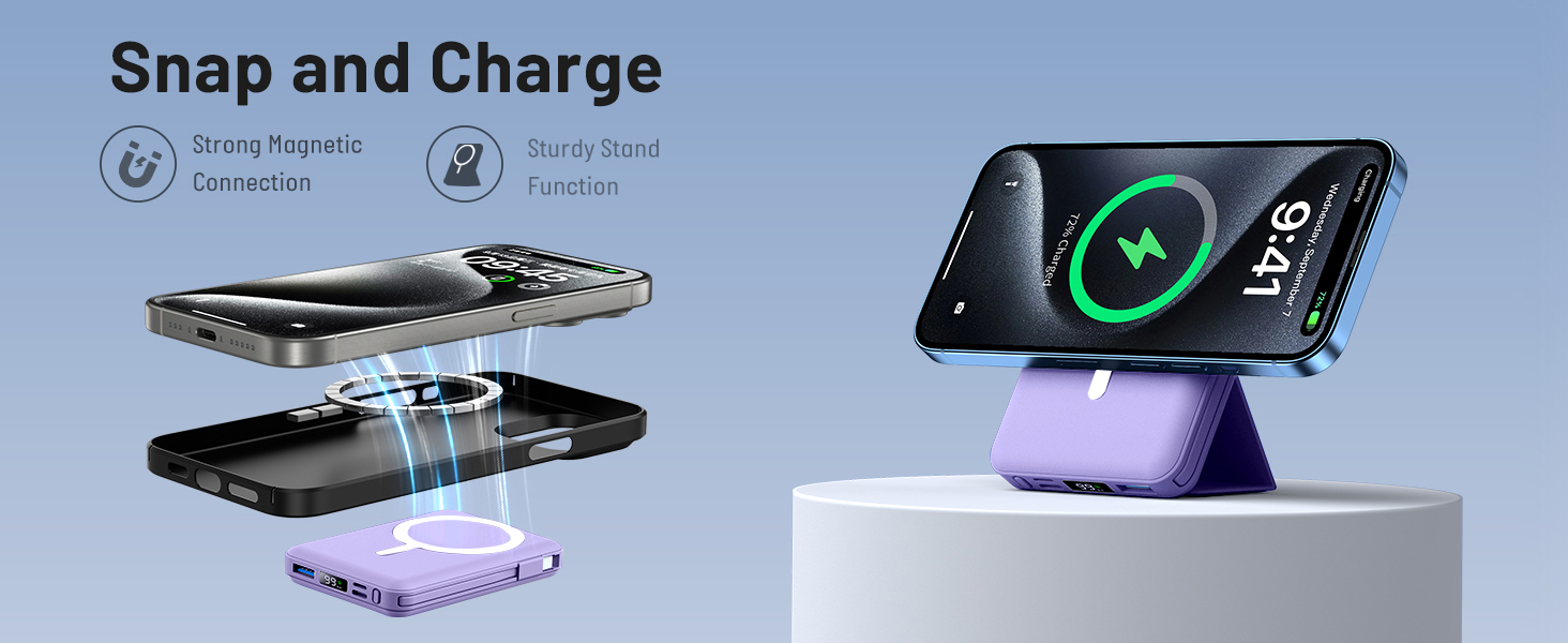 Power Bank Azmuth MagSafe 10000mAh для iPhone з LED дисплеєм, бездротова зарядка, білий (фіолетовий)