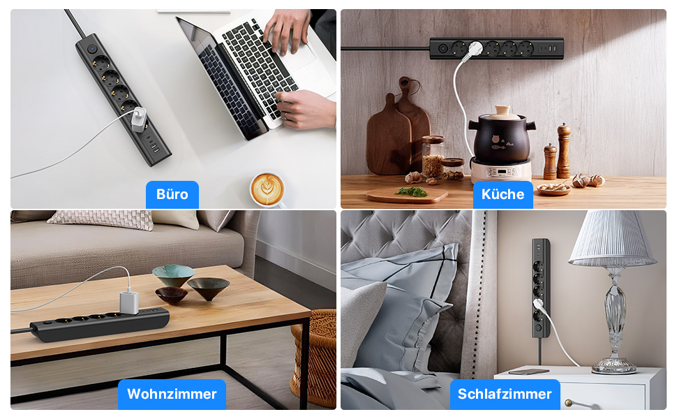 Мережевий фільтр Steckdose 8 в 1 з USB, 3680W, з вимикачем, 16A, 2 USB-C, для смартфонів, ноутбуків, iPad, 1.8M кабель, білий (чорний 5AC)