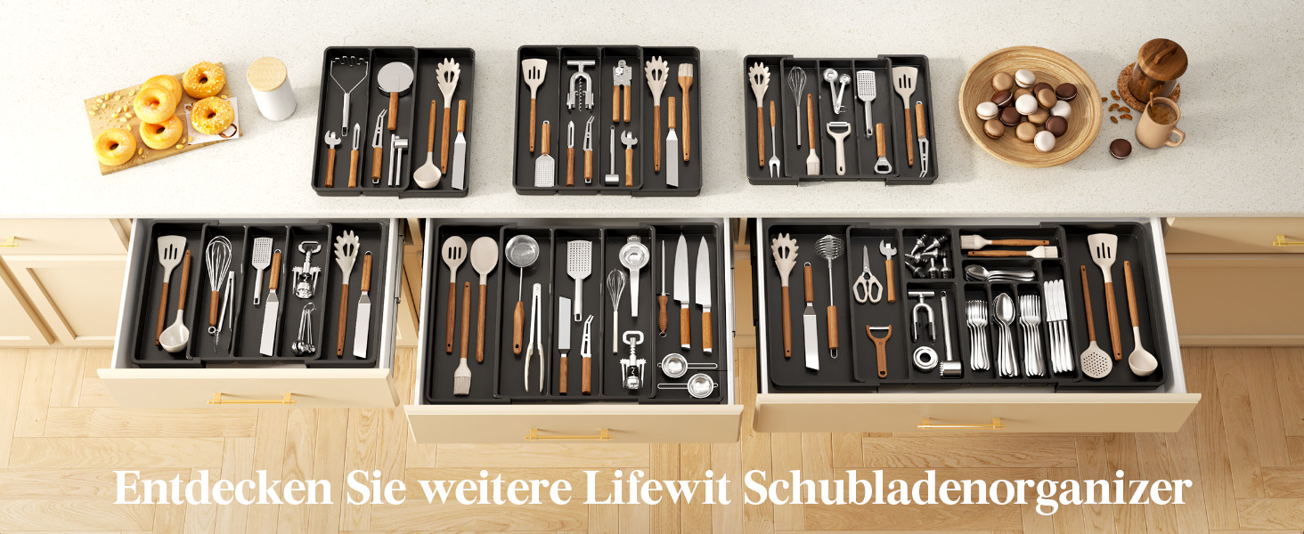 Органайзер для столових приборів Lifewit в шухляду, розширюваний 38-57 см, чорний, пластик, 28-44.5 x 35 x 4 см