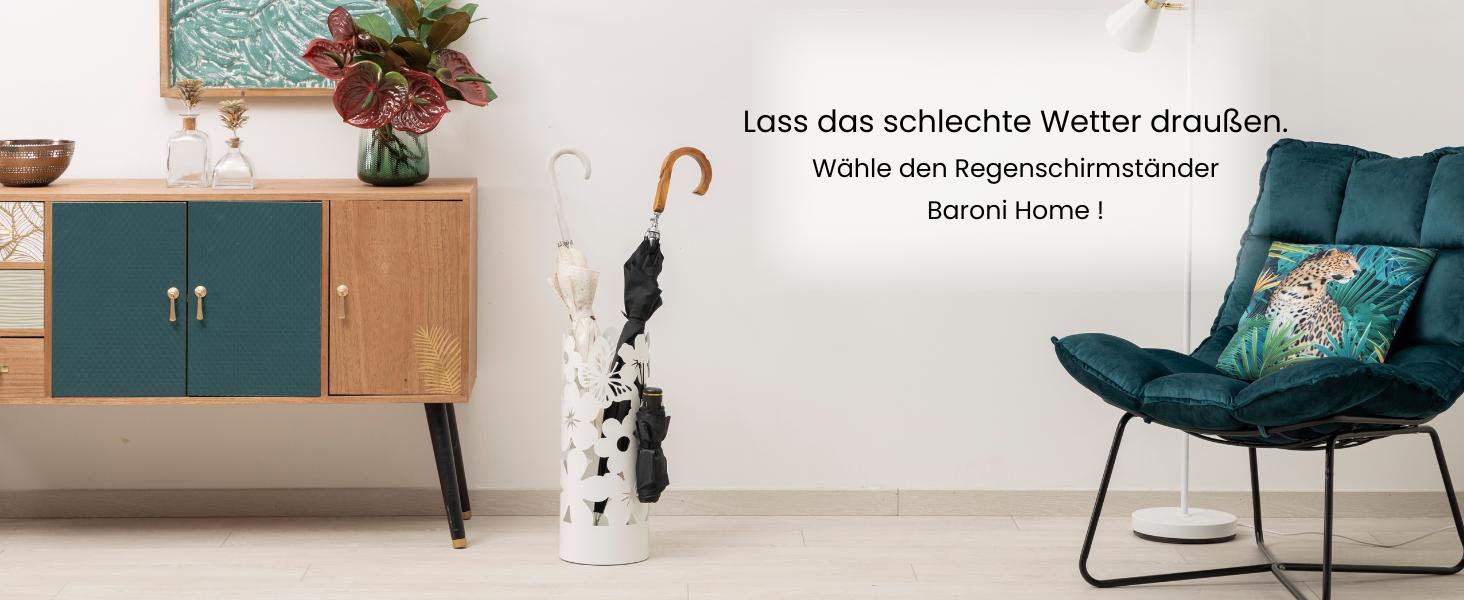 Підставка для парасольки Baroni Home - сучасний дизайн, металева, з квітами, 2 гачки, знімний контейнер, білий (19 x 19 x 49 см)