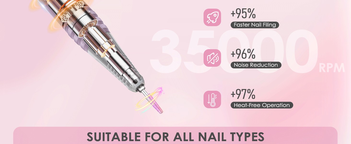 Професійна електрична машинка для манікюру та педикюру 45000 RPM, рожева, з алмазним фрезером, для салонного та домашнього використання