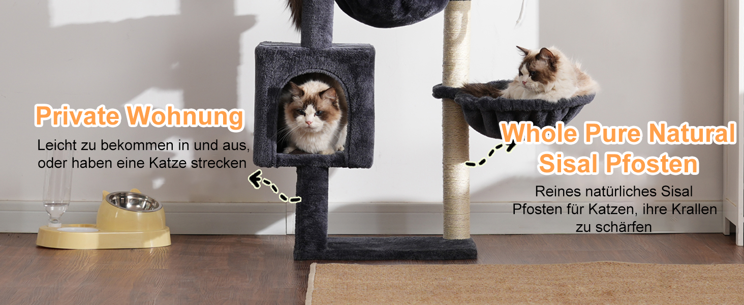 Кігтеточка-кімнатний комплекс Heybly Kratzbaum 100см з платформою, гротою, 2 гамаками та іграшками. Колір: сірий. Модель: HCT006SG