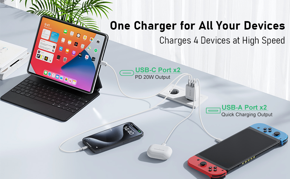 Зарядний пристрій USB-C 40W 4-портовий Cshare з PD 3.0, білий. Сумісний з iPhone, iPad, Samsung Galaxy, Android та іншими пристроями.