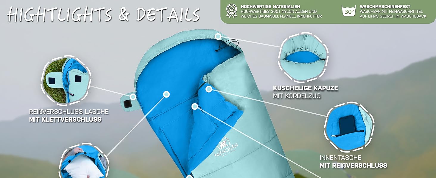 Дитячий спальний мішок для кемпінгу Lila/Türkis (Aqua Splash) | 100% бавовна, легкий та теплий | Розмір до 145 см, 1200г