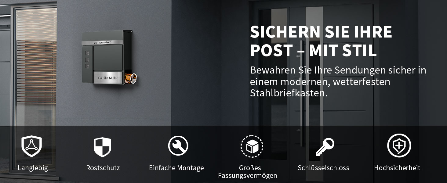 Поштовий ящик Anthrazit з гравіюванням, персоналізований, нержавіюча сталь, з відділенням для газет та замком (2 ключі) | Поштовий ящик з іменним шильдиком та номером будинку