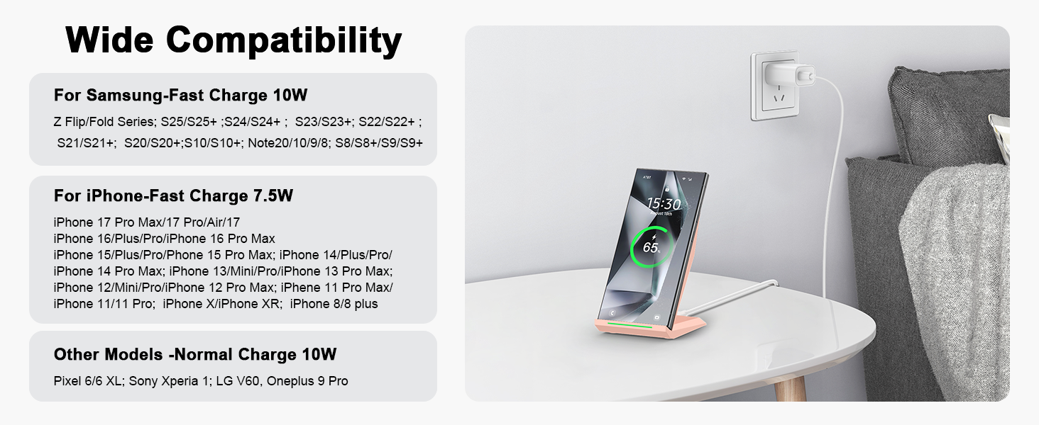 Бездротовий зарядний пристрій NANAMI Qi з адаптером USB-C 20W PD, сумісний з iPhone 17/16/15/14/13/12 Pro Max XR 8 та Samsung Galaxy S25/S24/S23/S22 (рожевий)