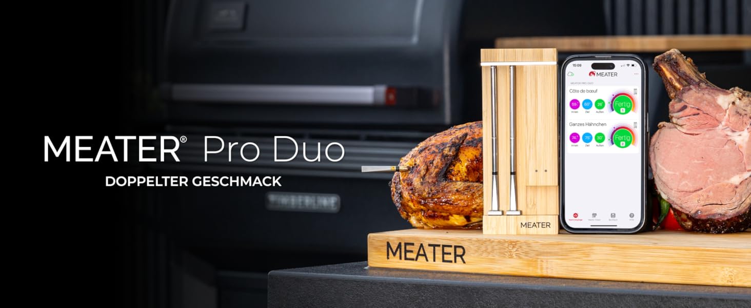 MEATER Pro Duo: Розумний термометр для м'яса | Висока термостійкість 550°C | Велика дальність | Сертифікована точність | Для BBQ, духовки, гриля, коптильні, фритюрниці | 50+ рецептів в додатку