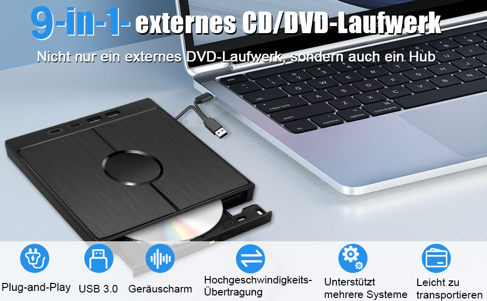 Зовнішній CD/DVD привід 9-в-1 для ноутбука та ПК, USB 3.0 з картридером SD/TF, портативний DVD-записувач для Windows, macOS, Linux