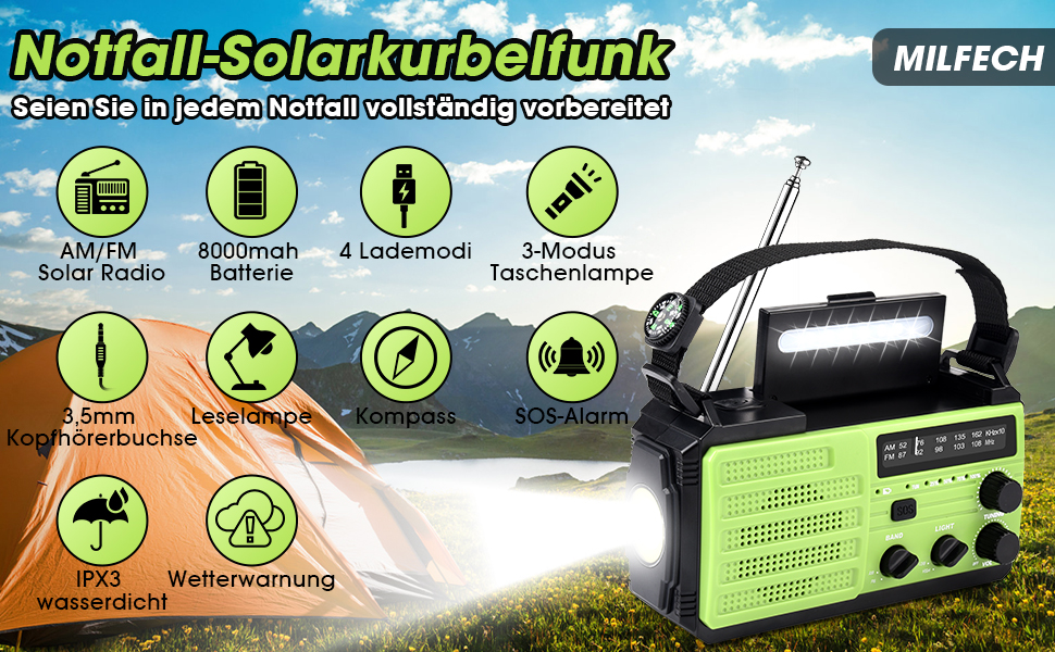 Сонячне радіо Kurbelradio 8000mAh з ручним генератором, AM/FM, LED ліхтарик, SOS, компас, IPX3, для кемпінгу та відпочинку на природі (зелене)