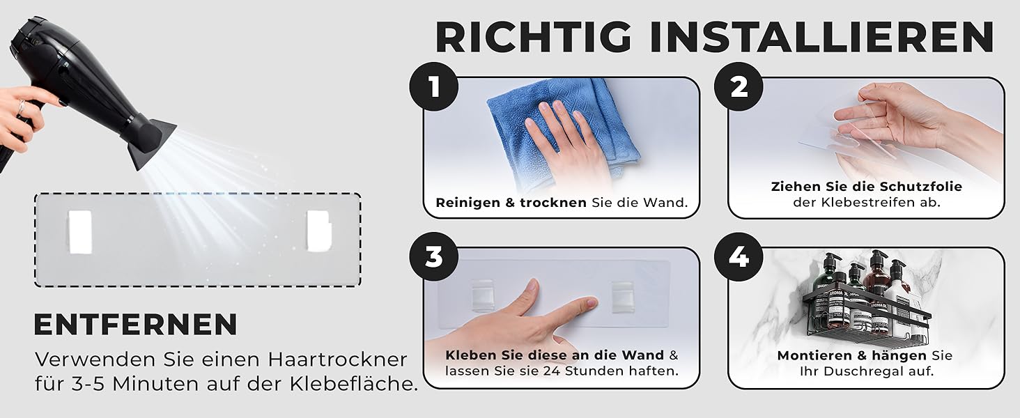 Настінна поличка для душу без свердління - чорна | Дзеркальна поличка для ванної кімнати з нержавіючої сталі | Органайзер для душу, шампуню та аксесуарів