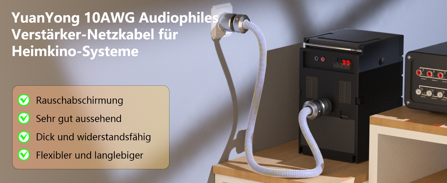 Audiофільний HiFi мережевий кабель живлення 10AWG з родієвим роз'ємом IEC320-C15, 125V/15A для підсилювача, сабвуфера та вінілового програвача, 1м