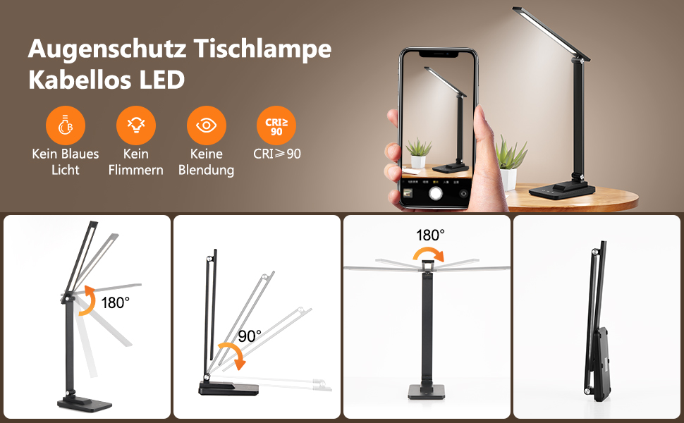 LED лампа настільна для дому та офісу, 15 режимів, денне світло, 1000LM, регулювання яскравості, 3600mAh, чорний колір