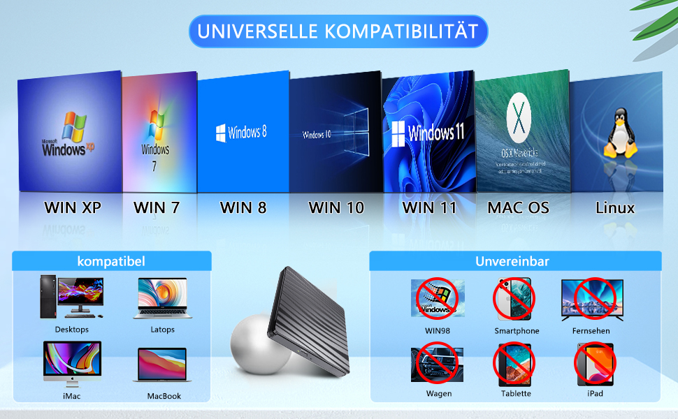 Зовнішній DVD-накопичувач USB 3.0 та Type-C, портативний CD/DVD +/-RW записувач для ноутбука, ПК, MacBook, iMac (Windows, macOS, Linux), чорний