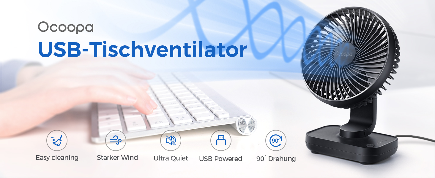 USB вентилятор OCOOPA - тихий, портативний, 4 швидкості, 4000mAh, для дому, офісу, чорний/темно-синій