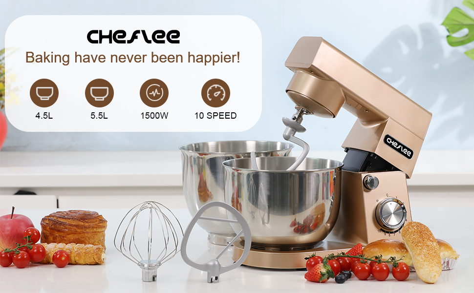 Кухонна машина Cheflee 1500W з місткими чашами з нержавіючої сталі (4.5L, 5.5L) та 10+ швидкостей, набір насадок (міксер, гак для тіста, вінчик, захист від бризок) (Золота)