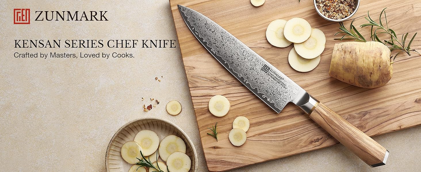 Професійний кухонний ніж Kochmesser з дамаської сталі (67 шарів), рукоять з оливкового дерева, сталь 10Cr15CoMoV, ультрагостра клинка 13°