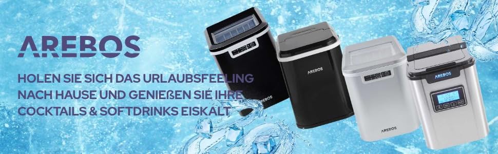Льодогенератор Arebos 12 кг/24 год, R600a, 1,1 л, самочистка, тихий, з лопаткою та контейнером, чорний, 8 кубиків за 10 хв, льодогенератор зі скляним вікном
