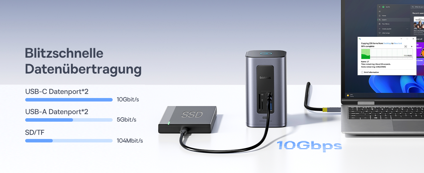 Базаус Док-станція USB-C 12-в-1 для ноутбуків Dell/HP/Lenovo/Asus/Acer/Mac: 2 монітори 4K HDMI, 10Gbps USB-C/A, 100W PD, Gigabit Ethernet