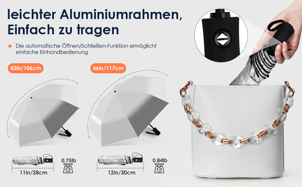 Зонт від сонця та дощу, 46 дюймів (117 см), 8-ми рифлений, вітростійкий, автоматичний, для чоловіків та жінок, срібно-чорний