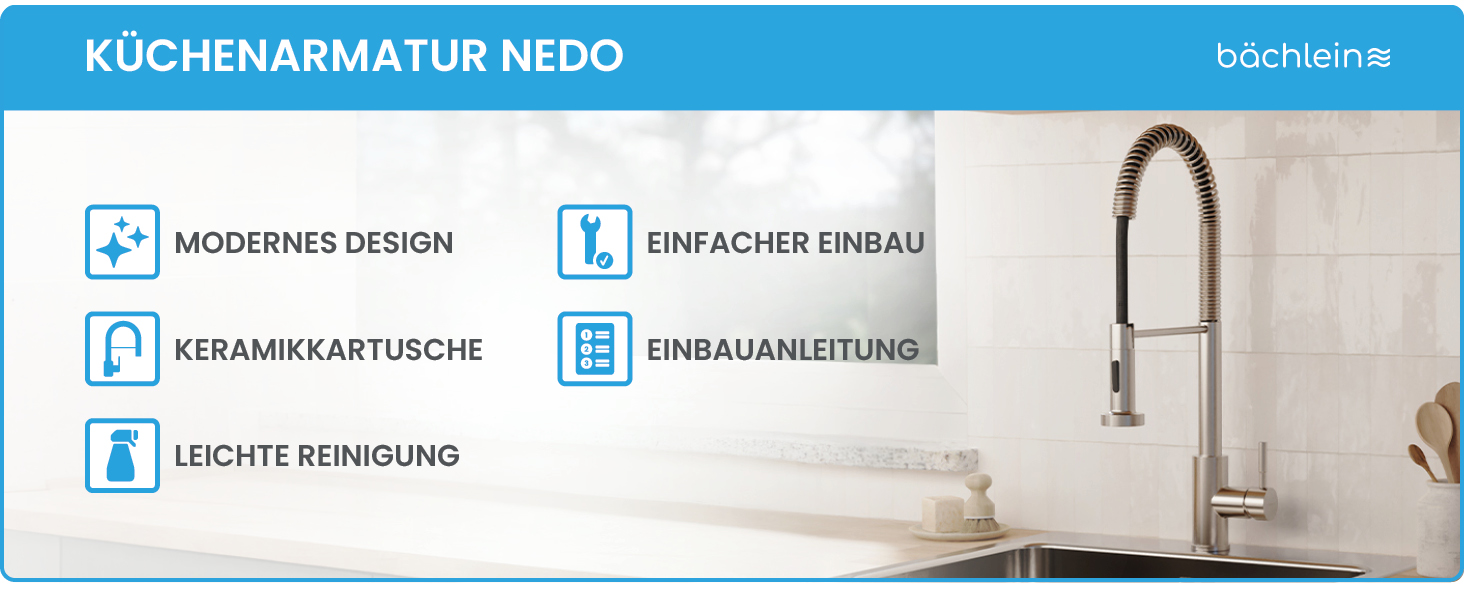 Кухонний змішувач Bächlein Nedo – поворотний на 360 градусів, з нержавіючої сталі, з гнуким гусаком та висувною лійкою, для кухні