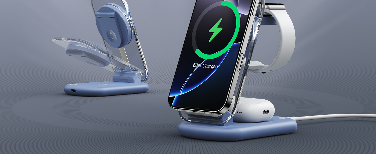 Підставка для зарядки MagSafe 3-в-1 для iPhone 17/16/15/14/13/12 Pro Max/Air/Plus/Pro та Apple Watch 10/9, AirPods 3/2/Pro (блакитна)