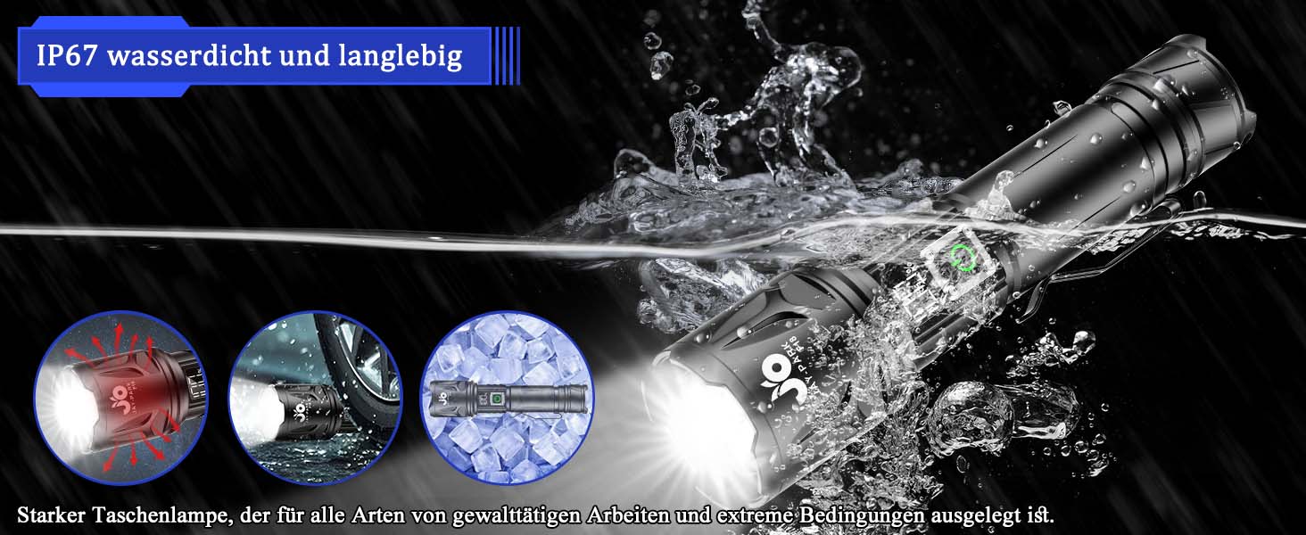 Ліхтар JAY-PARK 500000 Люмен: Потужний акумуляторний ліхтар з LCD-дисплеєм, 5 режимів освітлення, Zoom, дальність 3000м, для кемпінгу та активного відпочинку, матовий чорний