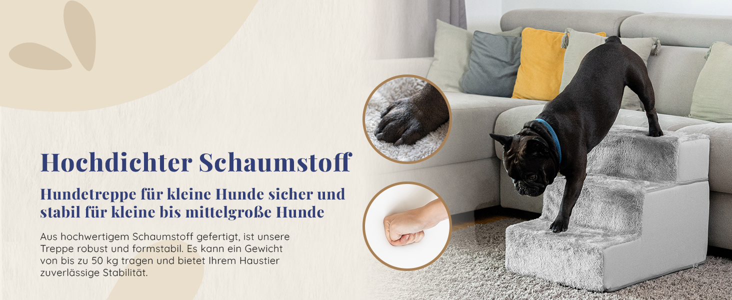 Сходинки для собак на ліжко та диван - 4 сходинки, 58 см заввишки - з пінопласту для маленьких собак - безпечні та стійкі - знімний, пральний чохол - світло-сірий