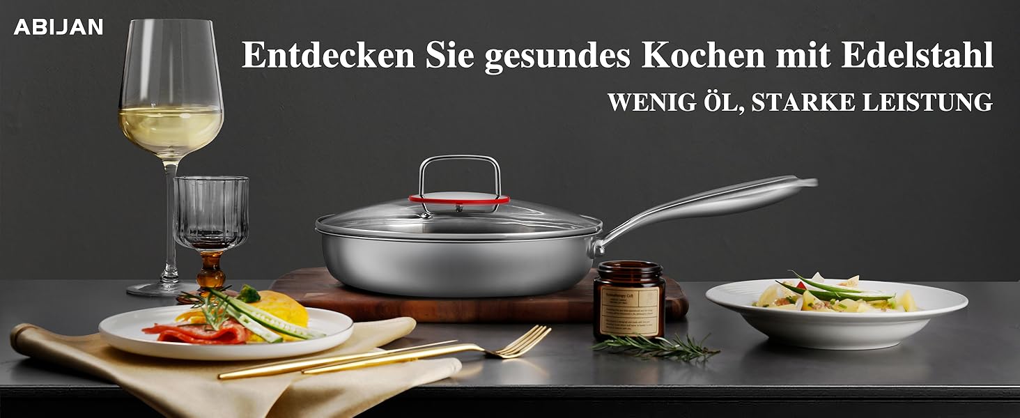 Сковорода з нержавіючої сталі 28 см, антипригарна, з кришкою, 18/10, для індукційних плит, енергоефективна, без PTFE та PFOA