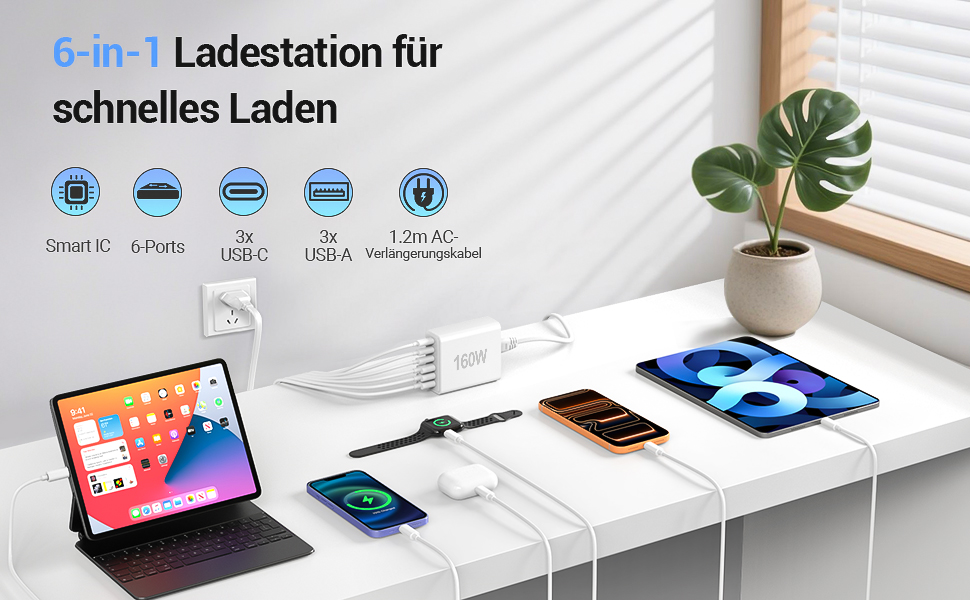 Зарядний пристрій USB 160W, 6 портів (USB-C, USB-A) - Швидка зарядка для ноутбука, смартфонів, iPad, навушників - Білий