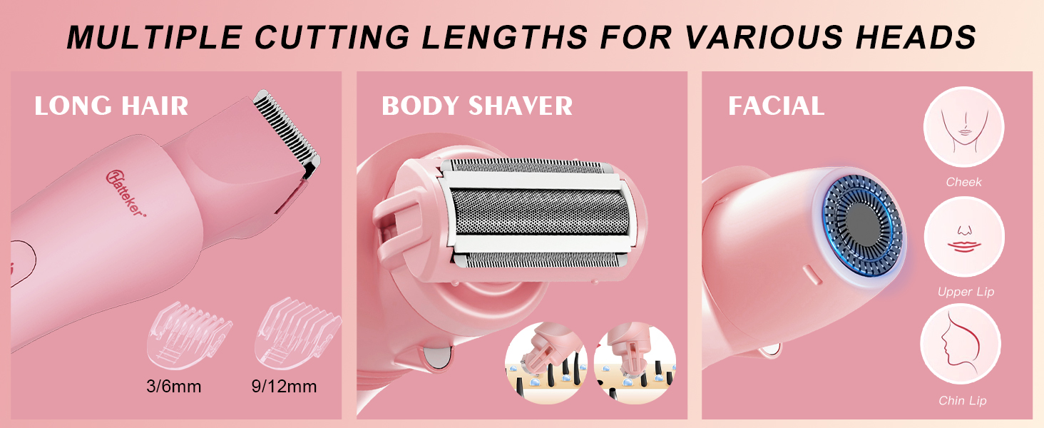 Електричний епілятор Hatteker 3-в-1 для жінок: тример для бікіні, епілятор та бритва. LED-дисплей, IPX7, USB-зарядка (Рожевий)
