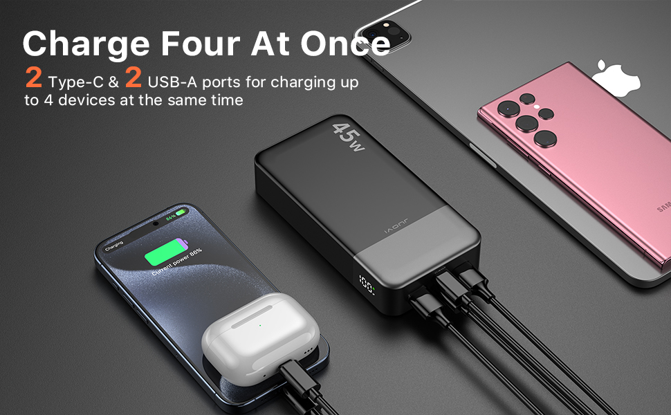 Power Bank JUOVI 20000mAh 45W з LED дисплеєм, швидка зарядка USB-C для MacBook, iPhone 15/14/13 Pro, Samsung S24/S23 (Білий)