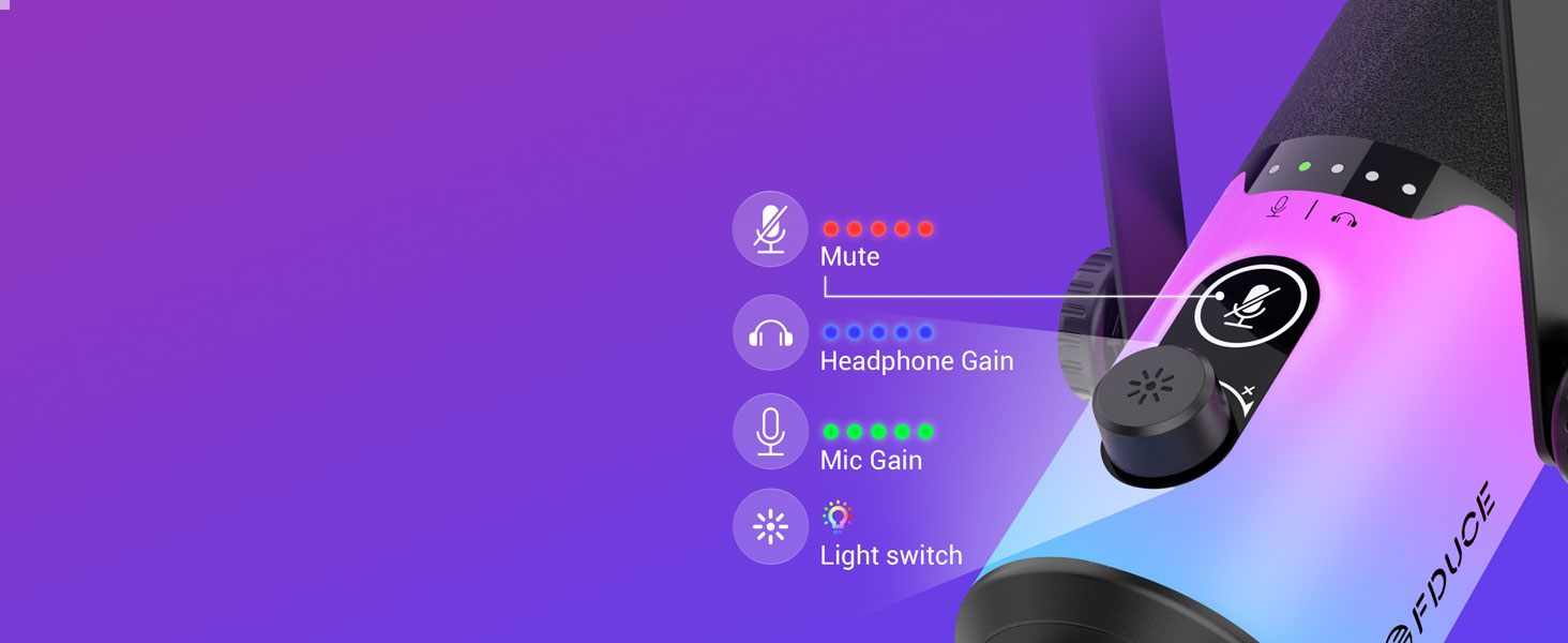 Ігровий мікрофон FDUCE з USB/XLR підключенням, RGB-підсвічуванням та регулятором посилення для стрімінгу, запису подкастів та співу