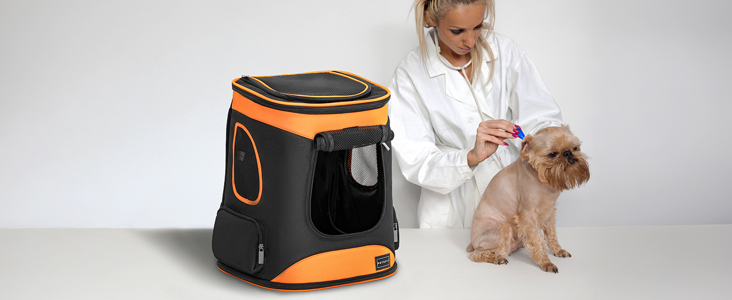 Рюкзак для кота та собаки Petsfit - зручний та дихаючий, до 5 кг, з сіткою та ременем, чорний та помаранчевий