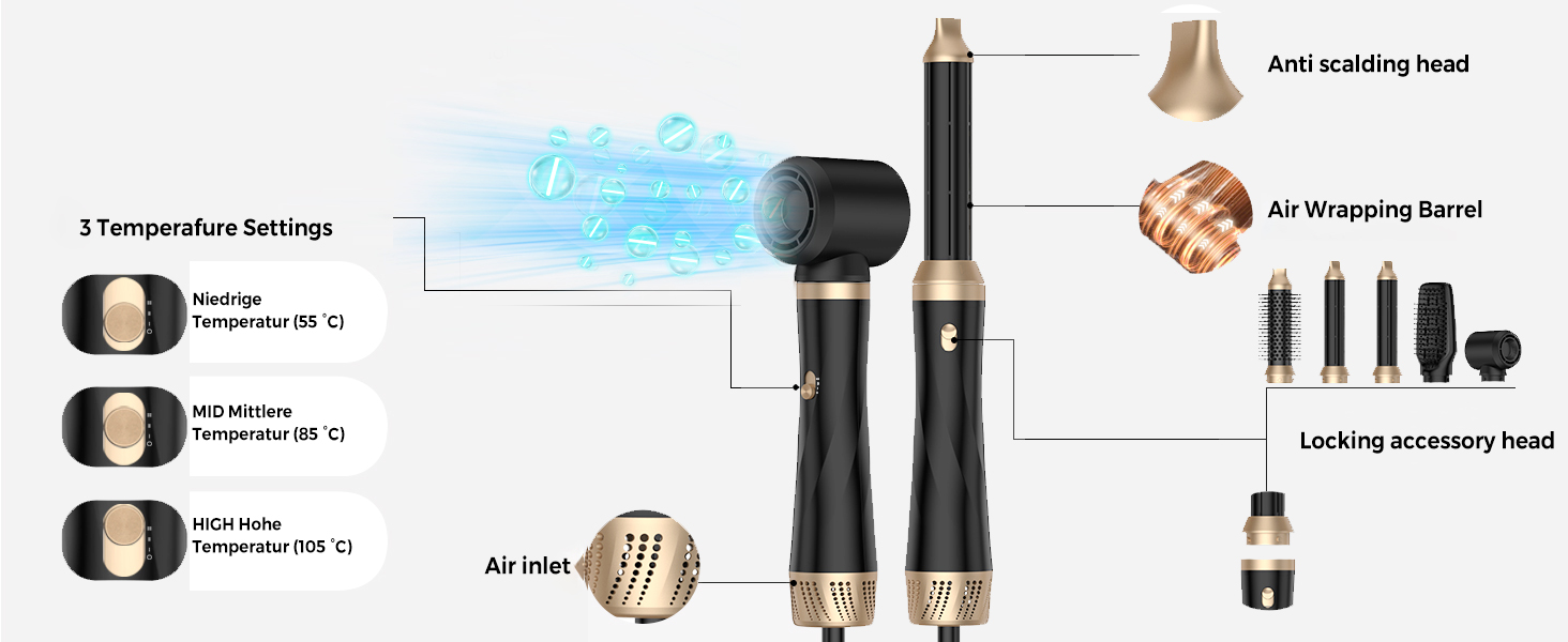 Airstyler 5 в 1: Фен-щітка, плойка, круглі щітки, випрямляч. 1000W, 3 температурні режими. Для об'єму, випрямлення, локонів та сушіння волосся. Чорний/Рожевий