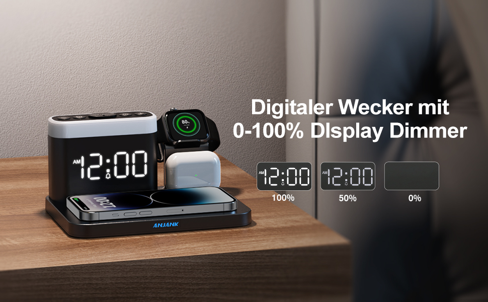 Зарядна станція 5 в 1 з будильником, нічниками та бездротовим зарядним пристроєм для iPhone, Apple Watch, AirPods та Samsung